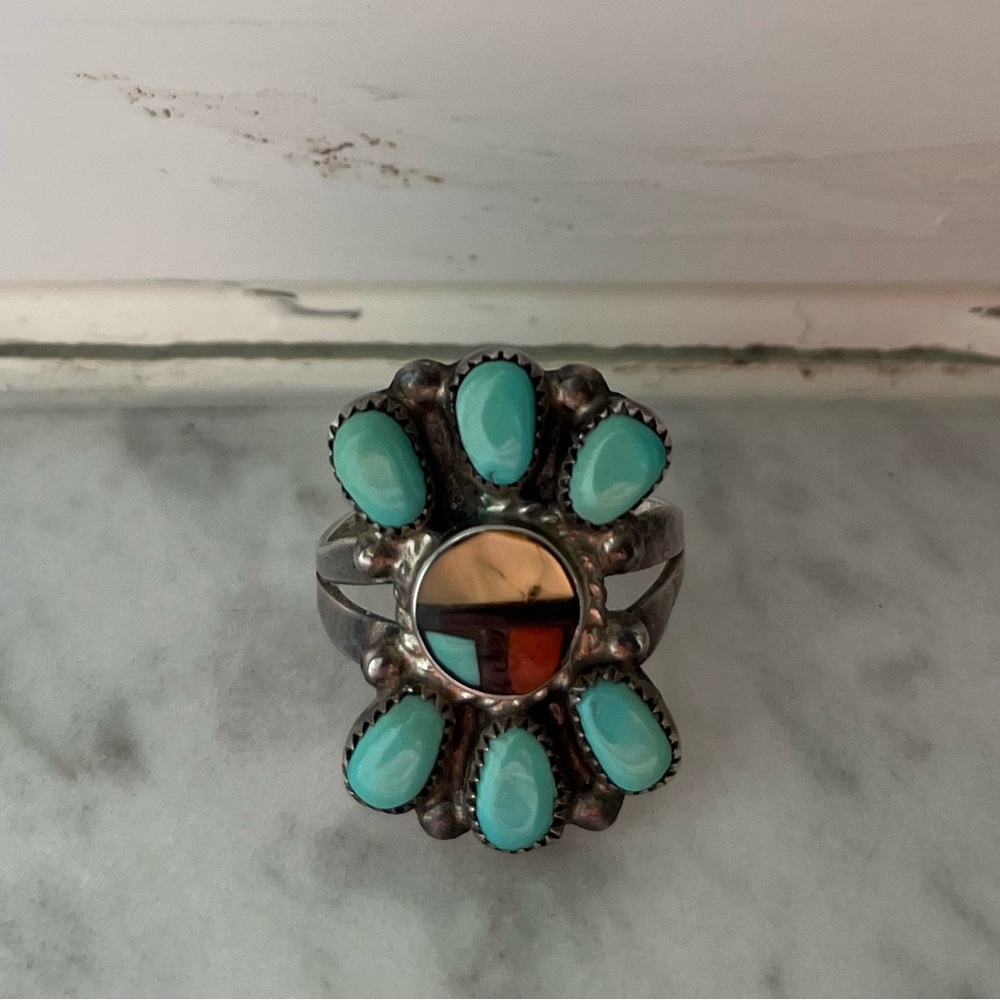 Native American Zuni Ernest Zuni Old Pawn Sunface Inlay Ring Size 7.5
